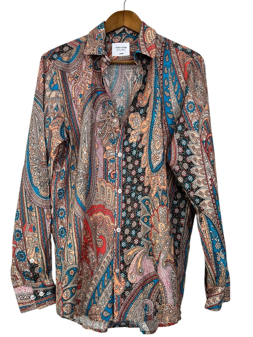 Ranee's Men's Mixed Print Linen Blend Bohemian Resort Wear Button Up Shirt L